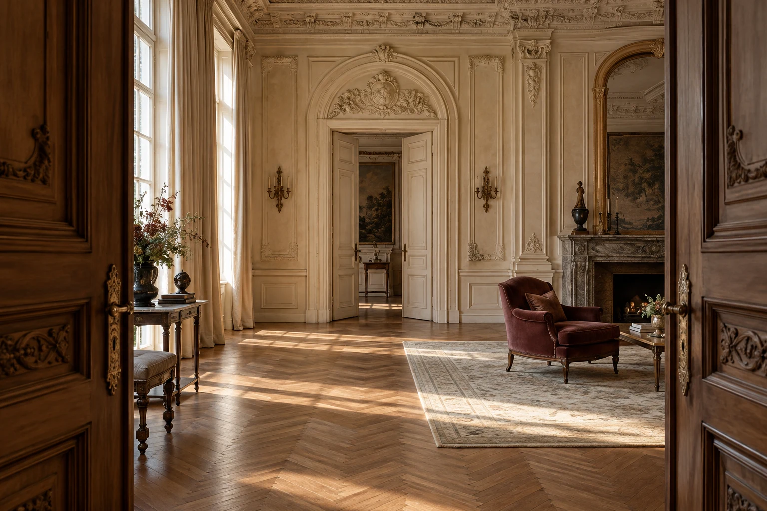 Historisch inspirierter Salon mit Stuck, hohen Türen und warmem Tageslicht; KI-Symbolbild